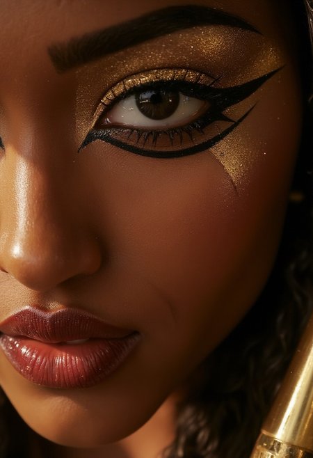 A sensual close-up portrait of Makeda, Queen of Sheba, her face illuminated with soft, golden light that enhances her regal beauty. Her lips are full and meticulously detailed, with a slight sheen of deep crimson gloss, parted ever so slightly to reveal their natural allure. Her iconic eye makeup is striking: bold, black kohl lines extend dramatically from her almond-shaped eyes, winging outward with precision to form the classic Egyptian "feline flick." A shimmering band of gold eyeshadow accentuates her eyelids, blending seamlessly into her black skin tone. Her thick, jet-black lashes curl upward, framing her penetrating gaze, which is both seductive and commanding. Tiny beads of sweat glisten on her flawless complexion, adding a subtle sensuality. Her high cheekbones are lightly brushed with a warm bronze tone, emphasizing her face's elegant structure. Makeda, Queen of Sheba look is the epitome of opulence and mystery, her beauty a timeless invitation to fascination.