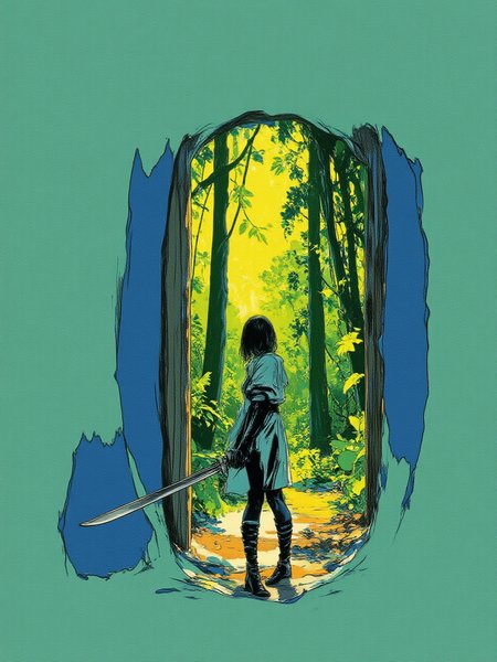 An illustrated image of a woman posing with an ancient sword, while standing in front of a doorway that leads to a glowing otherworldly forest.  background is matcha green <lora:Midjourney_Whisper_BrushPulse_v01:0.7>, border is pastel blue <lora:inkedgemono-simple_epoch-08:0.9> 1NK3D63SIM <lora:Midjourney_Whisper_Minimal:0.9>
| no deformed hands, no too many limbs, no too many fingers,