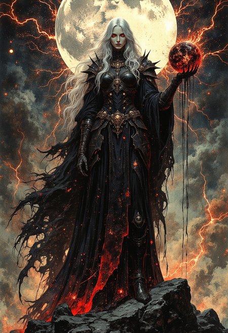 mythp0rt, A shadowy celestial female figure stands in a dynamic pose: one arm raised, summoning a swirling vortex of collapsing stars and voids, the other gripping a fractured celestial orb dripping with glowing starlight. Her silver-white hair flows wildly, faintly glowing, with crimson eyes piercing through a veil of shadow. She wears jagged obsidian armor fused with a tattered cloak dissolving into shadowy tendrils, adorned with glowing red runes and constellations.
The background is a chaotic expanse of decaying nebulae, crimson lightning, and shattered moon fragments glowing faintly behind her. She stands on a cracked black crystal surface, pulsing with red and gold veins, illuminated by cold, apocalyptic light. High detail, cinematic angles, dark fantasy, and cosmic horror vibes.