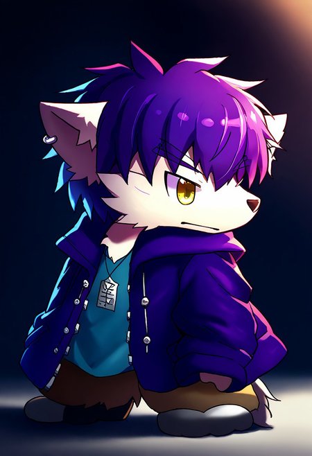 oboro (arukemo main character), wolf, white fur, yellow eyes, purple jacket of oboro, jewelry of oboro, furry, solo, full body, score_9, score_8_up, score_7_up, zPDXL3, zuppu11, flx$tyl3, yellow eyes
