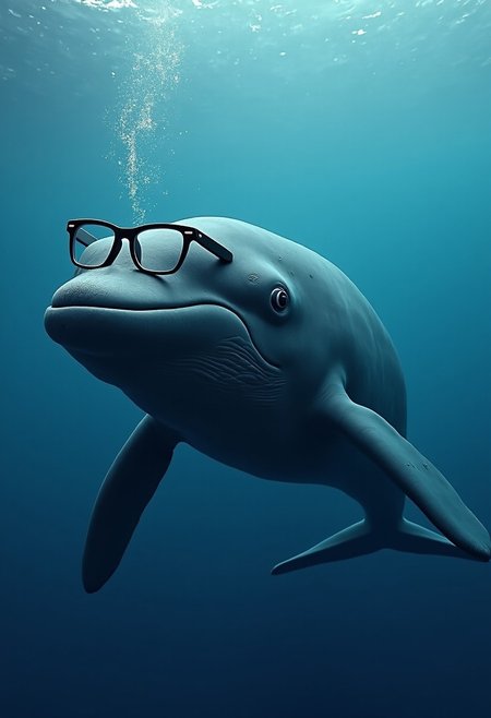"Picture a massive whale swimming gracefully through the ocean, but with a quirky twist—it’s wearing a pair of oversized glasses. The glasses, comically perched on its enormous face, have thick black frames that contrast with its smooth, dark blue skin. The whale glides calmly beneath the waves, its large eyes peering through the lenses as if deep in thought or surveying the ocean with newfound clarity. The scene is both whimsical and endearing, with bubbles rising around the whale as it slowly moves through the deep, wearing its stylish glasses with a certain quirky charm."