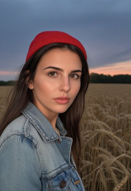 30yo american woman in a wheat field
Small eyes. Brown eyes.
Wearing ripped Denim jacket red hat
no makeup. Clear skin.  realistic skin style
Long dark black slick back hair. No makeup. Dusk, Street light. Looking at camera POV. Slight smile, tilting head.. Tilt head. Hands in head, face, lips.
Medium Close Up shot. Bokeh. Bokeh light.