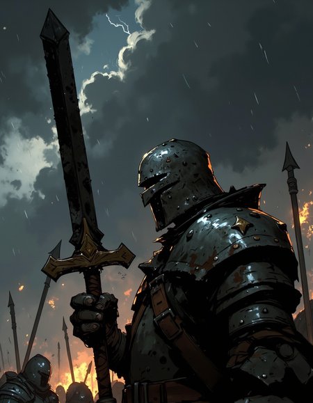 Ev Ganin style. A highly detailed cinematic scene, side profile close up of knight in heavy, rusted armor, wielding and holding a glowing giant sword up high above his head against a backdrop of dark, stormy clouds. The knight's helmet is obscured by smoke, and lightning strikes around them. Rain pours down heavily, creating a dramatic and atmospheric scene. The overall style is dark, gritty, and realistic, with a focus on the knight's determination and the intensity of the battle. The composition should be dynamic, with the knight in the center, surrounded by the chaos of the storm, dramatic, last hope. <lora:Ev_Ganin:1.0>