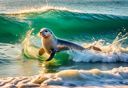 seal emerging from ocean looking towards viewer, beyond the seal is Irish coastal landscape comes alive as a elegant Irish Woman (hayl3y-001) wearing stylish one-piece swimsuit basks on beach, while another woman (tayl0r-001) joyfully dives into the sparkling ocean waters, shimmering surf, ziprealism, score_9, score_8_up, score_8,