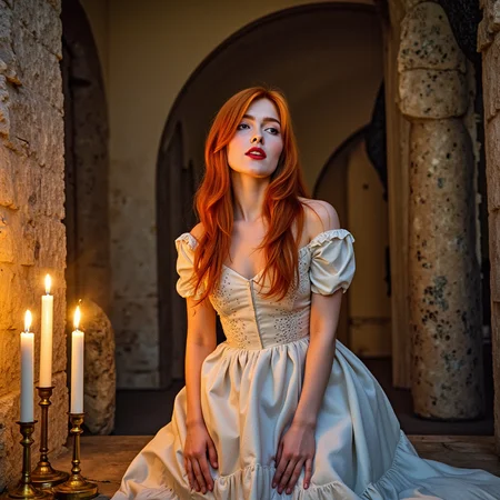 hyperrealistic art watercolor painting expressionist Inside an ancient castle, bathed in the glow of flickering candlelight, the redheaded goddess sitting on the cold stone altar, she's wearing a full victorian dress. Her fiery locks spill over the sacred ground as she gazes upward, looking at the viewer,  her lips parted in an expression of pure, sinful ecstasy. Itâs an image of contrastâholiness and eroticism intertwined, a vision of defiance in a place of restraint  <lora:jialissa64:0.9> jialis . raw, emotional, dynamic, distortion for emotional effect, vibrant, use of unusual colors, detailed . vibrant, beautiful, painterly, detailed, textural, artistic . extremely high-resolution details, photographic, realism pushed to extreme, fine texture, incredibly lifelike