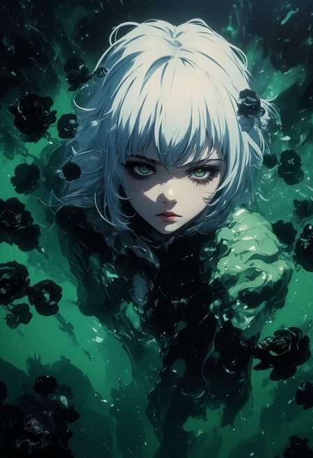An Acrylic style painting that is expressive, gives it a dynamic and emotional quality. Anime art of a stylized portrait of a woman with a ethereal black and green mist surrounding her body. The mist creates a dramatic and surreal effect. The woman has a cold aesthetic, complimented by her white hair. Anime art of woman draped in shadows with a lighting that enhances her unique features.
The background is dark green, filled with black rose petals.