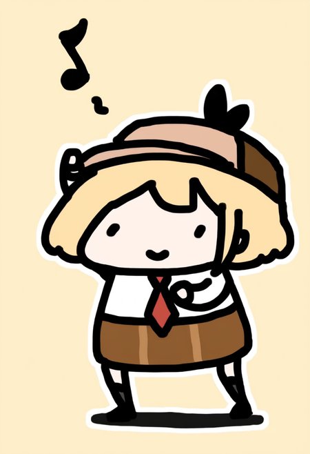 masterpiece, best quality, chibi, full body, solo, 1girl, watson amelia \(1st costume\), smile, dancing, deerstalker, dot eyes, musical note, simple background