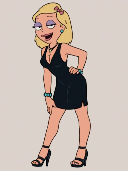 becky, 1girl, blonde hair, solo, breasts, cleavage, black dress, earrings, makeup, hair bow, necklace, high heels, medium breasts, open mouth, smile, bracelet, lipstick,looking at viewer, smile, hand on own hip, naughty face,  score_9, score_8_up, score_7_up, score_6_up <lora:BeckyPony1.0:0.8>