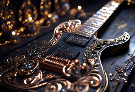 RAW photo of a very detailed reflective guitar with whimsical elements, dark studio, magical glowing podium, the rom is dark, only light of source is the guitar, reflective enviroment, spot lights, fantasy style, 90% black and 10% gold colors, big white diamonds on the guitar, strong depth of field, darkness, dramatic light, dusty black theme, intricate details, ultra sharp, exquisite detail, flawless composition, vivid colors, masterpiece, exciting background,  timeless elegant and Exquisite Copper Ornaments