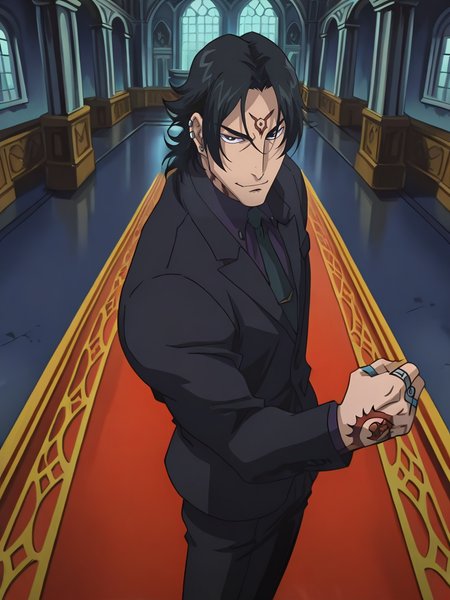 BloodyXL,, screencap, 
1boy, black hair, piercing, tattoo, black suit, tie, black pants, rings, cool, shorts, serious, looking at viewer, cowboy shot, dynamic pose, smile, wide shot, solo focus, dutch angle, indoors, mansion, from side, black eyes, from above,
<lora:ABloodyXL_Style:1.1>