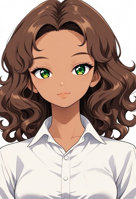 simple background, white background, 
1girl, solo, face focus, light smile, closed mouth, looking at viewer, 
oc01bmwHgEdS, dark-skinned female, green eyes, detailed eyes, brown hair, medium hair, wavy hair, forehead, lips, medium breasts, 
white shirt, collared shirt,