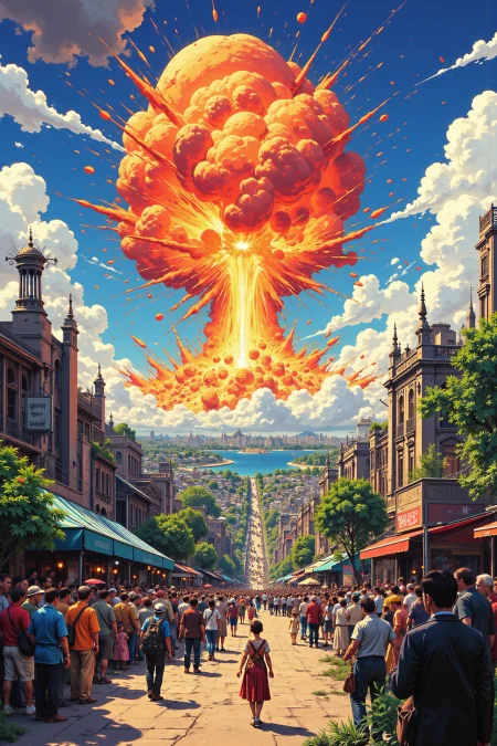 a bomb causing a huge explosion in a city full of people beautiful landscape, noon, woman, very intricate, very detailed, sharp, bright, colorful, <lora:Hand v2:0.5> <lora:Anti-Blur:1><lora:Insane Detail Slider:0.25>  <lora:flux.1_lora_flyway_Epic-detail_v2:0.3> <lora:fluxenhancer:0.25> <lora:ROWER:0.6> <lora:flux-charmer-v1-1:0.4>>   <lora:90s-anime:1> retro anime, 77oussam 90s, 1990s anime
