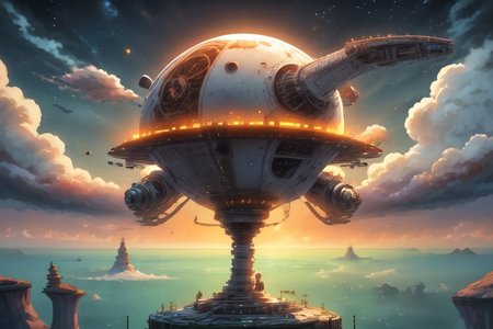 scifi fantasy, painterly concept-art, floating/hovering skydock, part of an astropunk manufacturing facility, where they produce commercial starships, up in the stratosphere, daytime, outdoors, cloudscape, implied scale, implied height, minimalist, [flat vector digital wallpaper style], high resolution, pastel hues, [orange, pearl white, pink, ochre, onyx, cobalt], neon lighting strips,