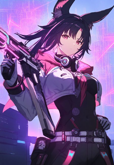 masterpiece, high score, great score, absurdres, V4NGU4RD, weapon, 1girl, gun, solo, holding, holding weapon, headphones around neck, hair bun, black bodysuit, gloves, vanguard twinfangs, black hair, viera, single hair bun, hair ornament, cyberpunk, hooded jacket, belt, Vanguard Breeches of Scouting, vanguard bolero, pink theme, Neon, glowing , straps