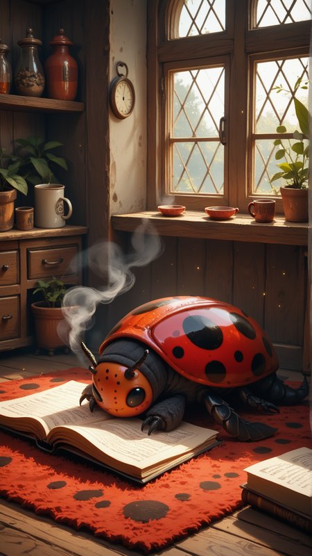 score_9, score_8_up, score_7_up, score_6_up, <lora:InsectHybridPDXL:0.8>insecthybrid ladybug, hybrid,  the hybrid is Dagur the Deranged, in location small reading nook beside a large window, with a plush rug and a steaming mug of tea, Hands in Prayer Position, full body, humanoid