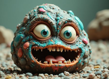 Create an image of a rock with a face, featuring a cartoon-like expression and colorful accents. The rock should be anthropomorphic, resembling a stylized creature or monster rather than a typical rock, and possess a quirky, cute appearance. The facial features include large eyes with distinct pupils, a wide mouth showing teeth, and eyebrows that give it a surprised or curious look. The rock's texture should be rough and resemble natural stone, but it should also have smooth areas where the face is painted