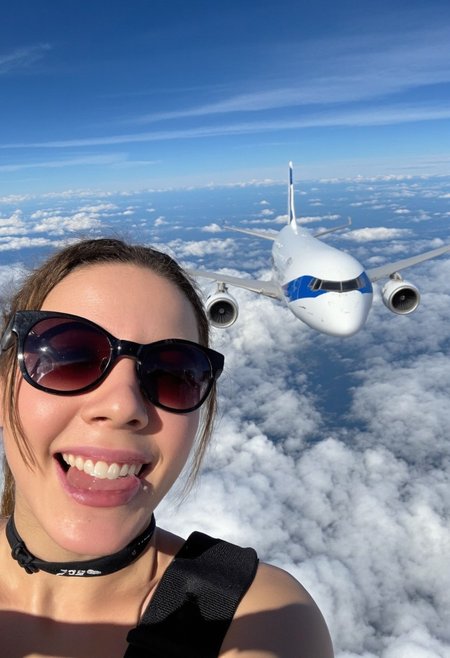 A woman discovers she can fly, soaring over New York beside a 747 jet, the pilots inside the plane looking at her in shock as she takes a selfie, laughing, tongue out