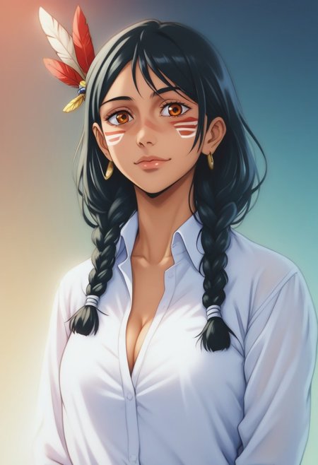 score_9, score_8_up, score_7_up, source_anime, intricate details, anime screencap, perfect balance, official art, extremely detailed CG unity 8k wallpaper, perfect lighting, Colorful, Warm_Front_face_Lighting, (masterpiece:1.0),(best_quality:1.0), ultra high res,4K,ultra-detailed, photography, 8K, HDR, highres, absurdres:1.2, Kodak portra 400, blurry background, bokeh, lens flare, (Anime) (vibrant_color:1.2), professional photograph, night, (cute_face:1.2), 2d, anime, upper body, intricate iris, American, Professional character design, 1girl, female focus, (Orange eyes), perfect eyes, (black-hair), Native American, Indigenous, American Indian, youthful, solo, jujutsu_kaisen_style, character portrait, (perfect-lighting), face, young, (Dark-black-hair), Long hair, (Native American), Indigenous, American Indian, (((wild eyes))), (Native North American), (Upturned eyes), (high cheekbones), (strong jawline), (Black Hair), ((((Native-American-Eagle-feather-braids, Native American Eagle feather accessories)))), (((wild eyes))) ((Bobbed Bangs)) (((Slanted-Eyes))) (Psycho) (Happy) (Friendly) (Goofy) (White Dress Shirt), (Warpaint), (Redwood Forest, Pacific Northwest Forests), (Inuit), (Tan skin), (Dark Skin), (Brown skin), (bobbed hair), White Eagle-Feather-Earrings, Thick Bangs, Bobbed hair, Bob-cut, White-Feather-Earrings, Brown-skin, Inuit Face-paint, Full-Bangs, Wide-Bangs, Thick-Hair, Native Face-paint, cleavage, (White Dress Shirt)