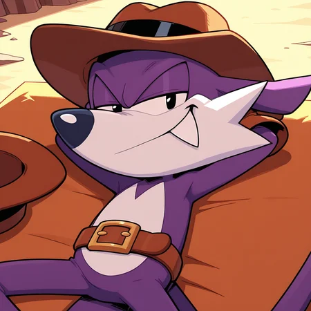 <lora:Fang_the_Sniper_-_Illustrious_V2:1> 1boy, Fang the sniper, stetson hat, belt, lying, on back, gloves, hands behind head, looking at viewer, eyes half closed, smirk, masterpiece, masterwork