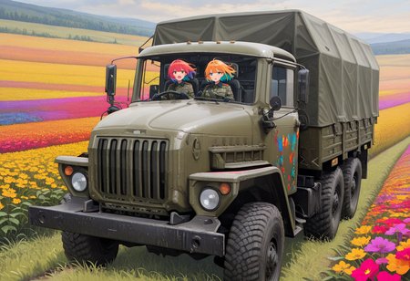 masterpiece, best quality, Graphic Design, color art, vibrant colors, colorful, intricate details, high contrast, detailed background, beautiful detailed, beautiful face, detailed eyes, detailed face, new, newest, 1girl, solo, military uniform, driving, ur4l, truck, military vehicle, car, tarpaulin, outdoors, vehicle focus, field,