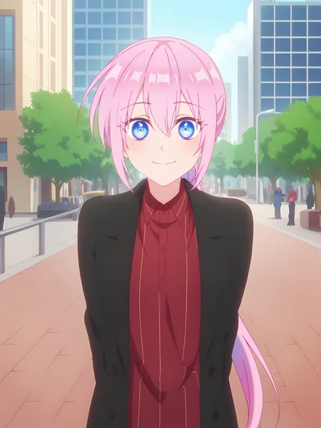 <lora:Shikimori_from_Shikimoris_Not_Just_a_Cutie_Multiple_Outfits:0.8>shikimori, 1girl, solo, blue eyes, pink hair, ponytail, open long black coat, red striped shirt, calm expression, closed mouth, happy, standing, city park, looking at viewer