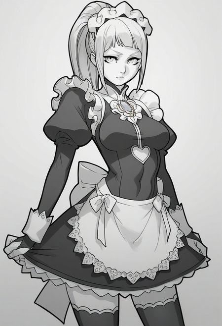 score_9, score_8_up, score_7_up, source_anime BREAK 1girl, solo, <lora:daicombo-artist-richy-v1_pdxl:1> standing, monochrome, greyscale, <lora:felicia-fe-richy-v1_pdxl:0.8> feliciadef, ponytail, long hair, maid headdress, brooch, maid apron, black thighhighs, bridal gauntlets