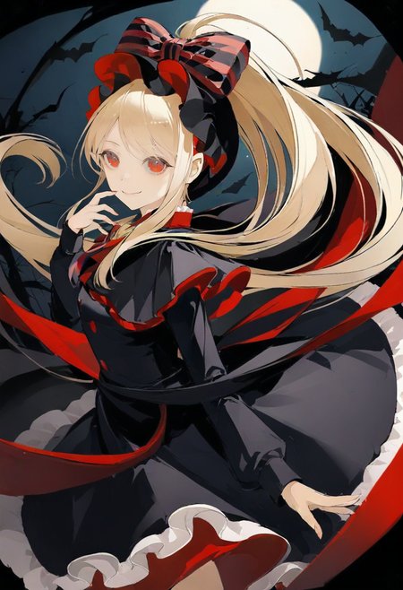 1girl, red eyes, long hair, solo, dress, smile, looking at viewer, black dress, bow, very long hairta fashion, bangs, long sleeves, frills, ponytail, vampire, frilled dress, blonde hair, closed mouth, bonnet, striped bow, night, striped <lora:chongzhenXL_il_lokr_V53P1:0.95>