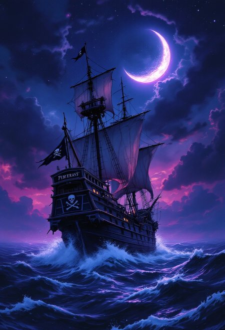 A cinematic and vibrant illustration of a menacing pirate ship sailing under a dramatic night sky. The ship is shrouded in darkness, adorned with a skull and crossbones flag, and displays a formidable reputation. The weathered hull and tattered sails suggest a long and perilous journey. The crescent moon, tinged with an eerie purple hue, casts an otherworldly glow, enhancing the sense of adventure and danger. The turbulent sea, ominous sky, and menacing pirate ship create an atmosphere of excitement and anticipation. The image evokes a longing for the golden age of piracy and invites the viewer to embark on their own thrilling voyage