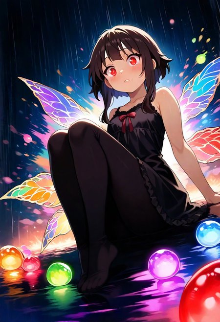 Megumin, masterpiece, best quality, amazing quality, very aesthetic, absurdres, newest, 1girl, Megumin, sits sideways to the viewer, brown hair, red glowing eyes, sweet eyes, face under shadow, body under shadow, dark, dark, hard to see, bright lights, a lot of darkness, black nightgown, lips, thin lips, narrow mouth, solo, full body, backlighting, from above, dutch angle, sitting, sitting on the floor, pressed her legs, legs to the body, hugged her legs, wings, large wings, slightly transparent, luminous wings, slightly open wings, dripping a little moisture, reflection, reflection on the floor, water reflection, bright reflection, colorful candies, rain of colorful candies, rain of candies, the candies are very close, falling candies, from top to bottom, falling down, lots of candies, colorful candies, glowing candies, very close, a little blur on the candy, masterpiece, best quality, amazing quality, very aesthetic, absurdres, newest, soft light, explosion of colors, masterpiece, best quality, colorful, bright, multicolored, bright colors of paint, masterpiece, best quality, amazing quality, very aesthetic, absurdres, lots of multicolored rainbow light, focus on the face, lots of soft light, soft colors, lots of colorful particles, colorful candies, rain of colorful candies, rain of candies, falling candies, from top to bottom, falling down, lots of candies, colorful candies, glowing candies, very close, a little blur on the candy, dark, hard to see,