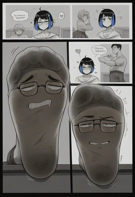 score_9, score_8_up, score_7_up, 
comic panels,2panels ,
[panel1 ： detailed , 1girl, (black hair:1.1), highlights in hair, blue highlights, bob cut hair style, messy hair, hair clip, hazel eyes, square frame glasses, black frame glasses, school uniform, short skirt, blue and white socks,  school，classroom,sitting on a chair,] ,
[ panel2 ：Stretch out your socked feet, the soles of your socked feet, the focus of your soles,Looking from below, looking down,]manga page,manga layout, panels, manga panels, page layoutcomic panels, manga page, speedlines, cover,  hearts, living socks, socks have detailed faces on soles, dirty socks, smelly socks,