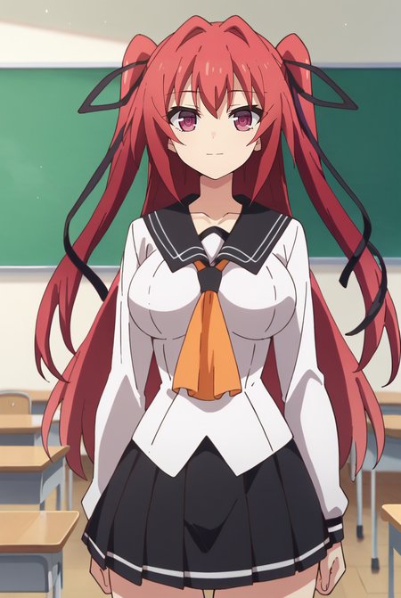 score_9, score_8_up, score_7_up, source_anime,
<lora:ShinmaiMaou_NaruseMioXL_1:0.9>, NaruseMio,
1girl, solo, closed mouth, light smile,
magenta hair, violet eyes, two side up, hair ribbon, black ribbon,
MioSchool, black sailor collar, white shirt, orange neckerchief, black skirt,
standing, looking at the viewer, cowboy shot, facing viewer, thigh gap,
indoors, classroom