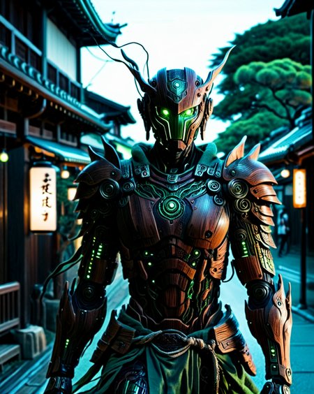 Hyperrealistic art cinematic film still photography in the style of detailed hyperrealism photoshoot, a wandering wooden android warrior that is a combination of wood and micro electronics, walking through the street of an ancient traditional Japanese town, (nighttime, night shoot, starry sky, dark sky:1.5), (glowing green eyes:1.3), (his wooden armor has electronic green glowing veins:1.3), glowing wires and vines, small green gems, he holds an ancient scimitar at the ready, bold lines, hyper detailed, shallow depth of field, vignette, highly detailed, high budget, bokeh, cinemascope, moody, epic, gorgeous, film grain, grainy, extremely high-resolution details, photographic, realism pushed to extreme, fine texture, incredibly lifelike,<lora:sd_xl_dpo_lora_v1:1.0>,  <lora:NaturePunk_SDXL:1.0>, Naturepunk,   <lora:Bio-Luminescence:1> bioluminescent, glowing,