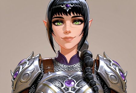 masterpiece,best quality,amazing quality, absurdres, <lora:shadowheart_bg3_ilxl_goofy:1> shadowheart \(baldur's gate\), 1girl, black hair, braid, breasts, elf, detailed eyes, green eyes, large breasts, detailed lips, glossy lips, long hair, looking at viewer, multi-tied hair, pointy ears,scar on face,  simple background, smile, solo, body armor, shoulder pads, ,breastplate, chainmail,