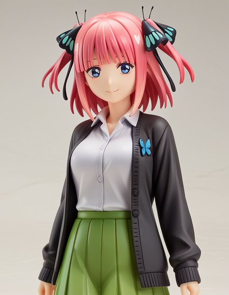 score_9, score_8_up, score_7_up, source_anime,
ninonakano, <lora:nino-nakano-s2-ponyxl-lora-nochekaiser:0.5>, 
nino nakano, short hair, bangs, blue eyes, hair ornament, hair ribbon, pink hair, blunt bangs, two side up, butterfly hair ornament, mature female,
skirt, shirt, long sleeves, white shirt, pleated skirt, open clothes, collared shirt, sleeves past wrists, dress shirt, cardigan, green skirt, open cardigan, black cardigan,
<lora:gsc-figurines-ponyxl-lora-nochekaiser:1>, gsc figurines, 1girl, smile,