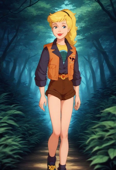 very awa, masterpiece,best quality,amazing quality, best quality, newest, absurdres, highres, detailed background, detailed hair, depth of field, detailed skin, best quality, amazing quality, very aesthetic, high resolution, ultra-detailed, absurdres, OverallDetailXL, skinny, narrow waist, xlinkax, blonde hair, long hair, ponytail, blue eyes, lipstick, jacket, vest, shirt, belt, short shorts, socks, sneakers, f0rkedta1l, solo, looking at viewer, facing viewer, smiling, closed mouth, rainforest, thick_canopy, filtered_light, root_network, 1980s \(style\),,