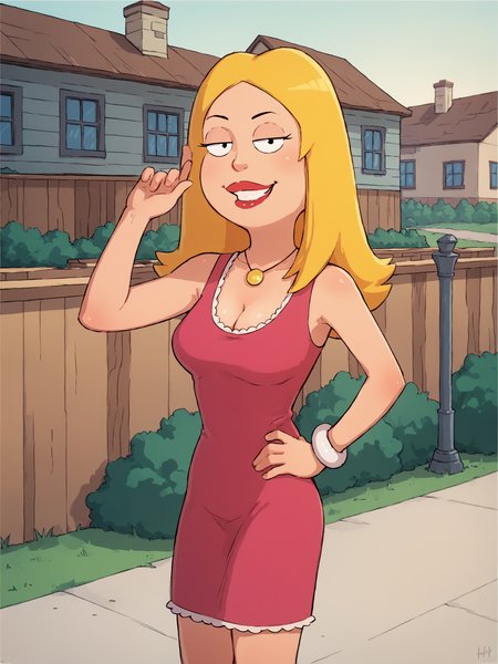 <lora:francinePony20epochs:1> francine,flat color,  blonde hair, 1girl, long hair, white braclet, breasts, solo, necklace, cleavage, pink dress, dress, red lips, standing,looking at viewer,fit,outdoors, hand on own hip,   breasts, smile,   score_9, score_8_up, score_7_up, score_6_up, score_5_up, score_4_up