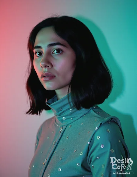 black and white photo of z4hr4h kh4n woman, hyper realistic photo that is safe for work, angry, studio quality image with natural colors, well dressed wearing intricate turtleneck Teal Bandhani Dress, hair styled as  bob,muted pastel shaded multicolored background that contrasts with the person, cinematic lighting,âââââ âââ <lora:z4hr4h_kh4n_Zahrah_Khan_Flux_Kohya_V1:1>âââ
