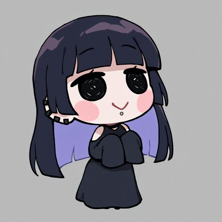 masterpiece, best quality, newest, chibi, full body, blush stickers, black eyes, solo, 1girl, p4s4n, ear piercing, lip piercing, smile, colored inner hair, black hair, purple hair, hime cut, long dress, black dress, shoulder cutout, sleeves past fingers, bare shoulders, simple background
<segment:yolo-Anzhc Face seg 640 v3 y11n.pt,0.4,0.6//cid=11>
