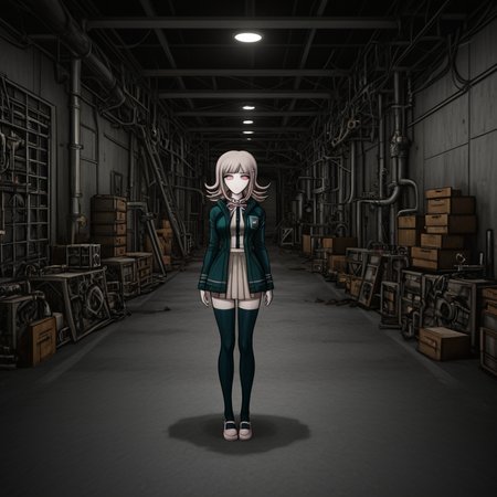 masterpiece, best quality, absurdres, <lora:Danganronpa_Locations:1>,  danganronpa sprite style, danganronpa_sprite_style , <lora:Chiaki_Nanami_Illustrious:0.2>,danganronpa_(series), danganronpa_2:_goodbye_despair, nanami_chiaki,1girl, breasts, brown_hair, collared_shirt, flipped_hair, hair_ornament,hood, jacket, long_sleeves, medium_hair, neck_ribbon, open_clothes, open_jacket, pink_eyes, pink_ribbon, pleated_skirt, ribbon, shirt, skirt, solo, spaceship_hair_ornament, thighhighs, white_shirt, shoes, pink_shoes , indoor_scene,warehouse,dark_lighting,spotlights,cardboard_boxes,crates,concrete_floor,industrial_setting,mechanical_parts,wires,cluttered,metal_pipes,gritty,moody_lighting,puddles,reflections,robot_parts,equipment,industrial_machinery,staircase,metal_beams,artificial_lighting,shadows,danganronpa,danganronpa_(series),danganronpa_2:_goodbye_despair,danganronpa 2,danganronpa sprite style,danganronpa_sprite_style