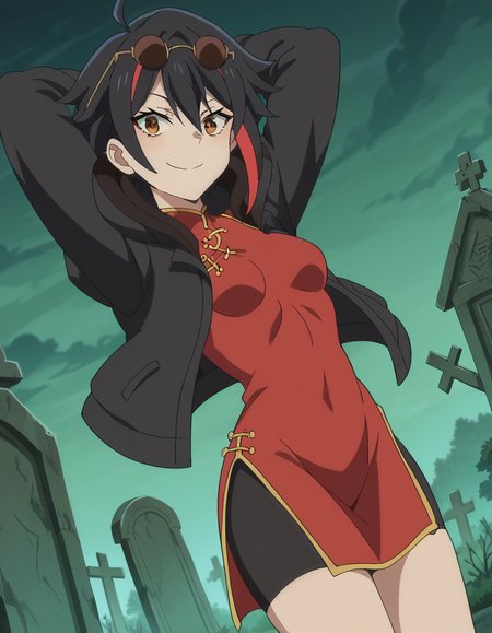 score_9, score_8_up, score_7_up, source_anime, <lora:maou2099-takahashi-s1-ponyxl-lora-nochekaiser:1>, maou2099 takahashi, short hair, black hair, brown eyes, ahoge, red hair, multicolored hair, streaked hair, mature female, small breasts, anime screencap,, dress, jacket, hood, chinese clothes, sunglasses, bike shorts, china dress, eyewear on head, graveyard, tombstones, dark, trees, eerie, smile, hands behind head,, looking at viewer, solo,, dutch angle, cowboy shot