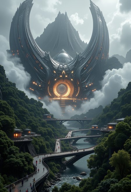 The image is a highly detailed CGI rendering of a futuristic, sci-fi cityscape set in a lush, misty valley. The central focus is a massive, imposing structure resembling a stylized, inverted V-shaped spaceship or cathedral, with two symmetrical wings stretching outward. This structure, bathed in a warm, ethereal light from the sky above, stands atop a hill overlooking a serene lake. The building's façade is a blend of modern and futuristic architectural elements, featuring intricate, metallic lattice patterns and glowing windows. The structure's design is sleek and aerodynamic, with a large central archway and smaller, secondary archways on either side, all radiating a sense of grandeur and technological sophistication. The structure's surface reflects the natural surroundings, suggesting a harmonious integration of nature and technology. In the foreground, a winding, elevated walkway lined with lush, verdant foliage and dotted with small figures, likely humans, suggests a bustling, futuristic cityscape.