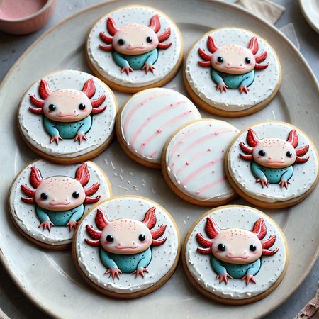 <lora:lora:1>cookie art design,  <lora:Axomodelv2.1:1> simple round cartoon  cookie art,  delicious cute axolotl  cookies  with icing, flat cookies, cookies with cute design  <lora:add-detail-xl:1.5>,