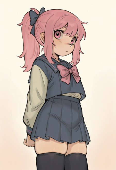 masterpiece, best quality,
 <lora:Snugglepuff28:1> Sn0ggl3p0ff28,
 1girl, solo,standing,looking at viewer, happy, closed mouth,pink hair, ponytail, pink eyes,school uniform, bow, long sleeves, skirt, skindentation, thighhighs,