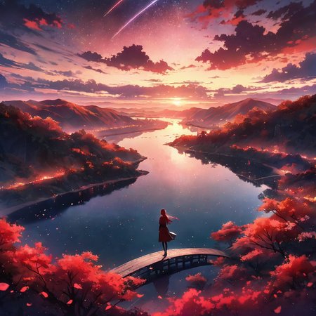 detailed background, ((blood red color palette)), (Calm autumn night landscape), amongst lush greenery, beautiful view, (Sakura blossoms in full bloom), Unexplored, twilight, (setting sun), sunset, 
(shooting stars), stars streaking the sky, streaking stars,
beautiful clouds, dappled sunlight, beautiful, Tranquil Lake, Walkway, petals dancing in the wind, depth of field, masterpiece, best quality, ultra-detailed, very aesthetic, illustration, perfect composition, intricate details, absurdres, moody lighting, wisps of light, making a wish, valley in the horizon