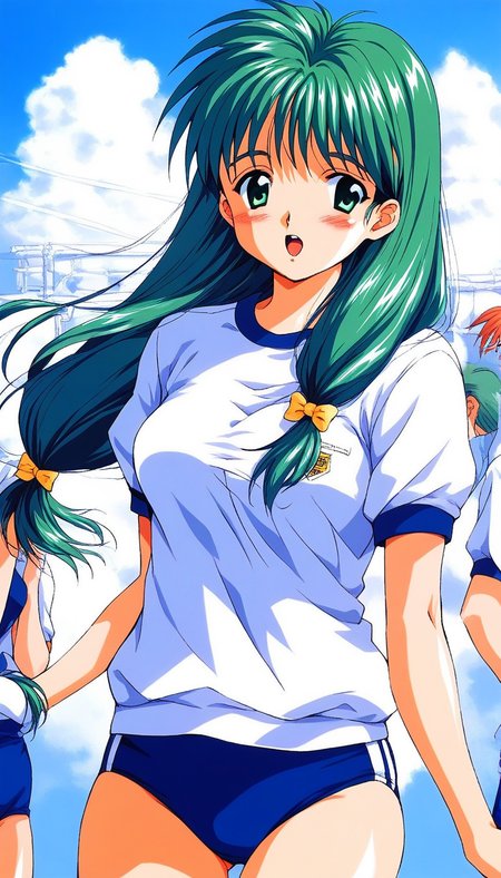 score_9, score_8_up, score_7_up, source_anime, rating_explicit, BREAK  <lora:Kisaragi_Mio_XL:1> Kisaragi_Mio, long hair,  green hair, no glasses,  green eyes, hair over shoulder, low-tied long hair,  medium breasts, 1990s \(style\), 
purple buruma, blush, white gym uniform, open mouth, cowboy Shot,
outdoor, day, sky,