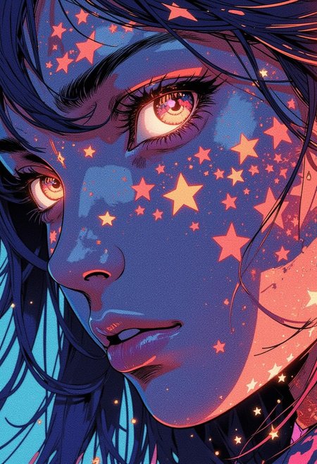 anime-style, close-up-face, glowing face tattoo of stars, surreal-glowing-eyes, intricate-pupil-design, ethereal-rainbow-reflections, expressive-emotional-stare, soft-pencil-shading, dreamlike-vivid-colors, loose-hair-in-motion, abstract-light-effects, intense-focus-on-eyes, cinematic-composition, lightly-blushed-cheeks, pastel-toned-palette, delicate-linework, melancholic-expression, hyper-detailed-eyelashes, vibrant-color-contrast, artistic-surrealism, immersive-anime-aesthetic