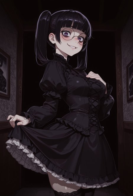 1girl, porcelain skin, blush, dark purple eyes, bags under eyes, crazy eyes, jitome, desperate gaze, round glasses, upturn nose, black hair, glossy hair, glossy lips, twintails, blunt bangs, gloomy, obsessive, parted lips, evil smile, medium breasts, ornate clothes, black frilled blouse, black miniskirt, white petticoat, long sleeves, puffy sleeves, black thighhighs, mary janes, standing, from side, looking at viewer, hand on own chest, skirt hold, upper body
BREAK 
dilapidated house, dark, masterpiece, best quality, very aesthetic, absurdres, vignetting, chiaroscuro, hard shadows, Expressiveh