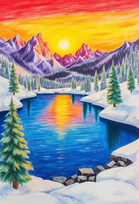 a snowy mountain with a forest and lake. Sunset, colorful crayon