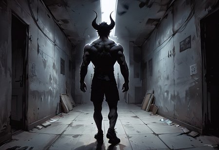 fullbody, full body, back view, <lora:Super perspective and fight stance:1.5>, ((super low perspective)), low perspective, ((fisheye)), dark atmosphere, dark shadow, deep shadow, shadow, aura, red aura,
Man with demon horns in black shorts walking away from the long dark office corridor, Adult, Mesomorph Muscular body, short Muscular neck, Rectangle faces, broad Muscular shoulders, Muscular fitness arms,  black short combed back hair,  Angular jawline,  Designer Stubble black whiskers, triangular black hair beard, Muscular fitness ass,  Athletic thighs, Muscular fitness legs,  big muscles,  dark black skin,
graphic style of novel comics, perfect hands, 2d,
8k, hyperrealism, masterpiece, high resolution, best quality, ultra-detailed, super realistic, Hyperrealistic art, high-quality, ultra high res, highest detailed, lot of details, Extremely high-resolution details, incredibly lifelike, colourful, soft cinematic light,