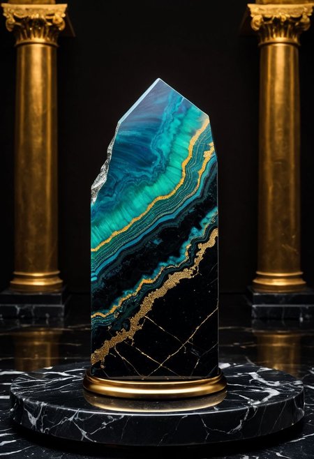 Fujifilm XT3, Sony A7 IV, (award winning photography) a (black: 0.89) marble hand made of opal (Kintsugi: 0.89) set on a pedestal in temple, glistening. in the background beautiful pillars, divine (iridescent: 0.79), opalescent textures, volumetric light, ethereal, sparkling, studio photo, highly detailed, sharp focus (highest quality: 1.39) (highest coherency: 1.39) (award winning photography), highly detailed photography, (muted colors, cinematic, dim colors, soothing tones:1.2), vibrant, insanely detailed, hyperdetailed, (dark shot:1.2), (vsco:0.3), (intricate details:0.9), (hdr, hyperdetailed:1.2) (vignette), sss, raw photo, fijifilm, kodak, cinematic film grain